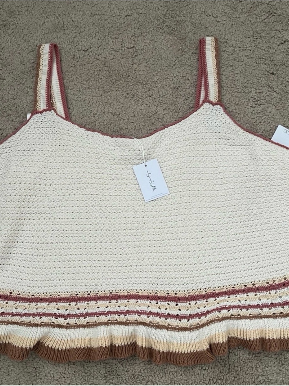 Jessica Simpson Cream Crochet Knit Camisole with Brown & Rust Trim